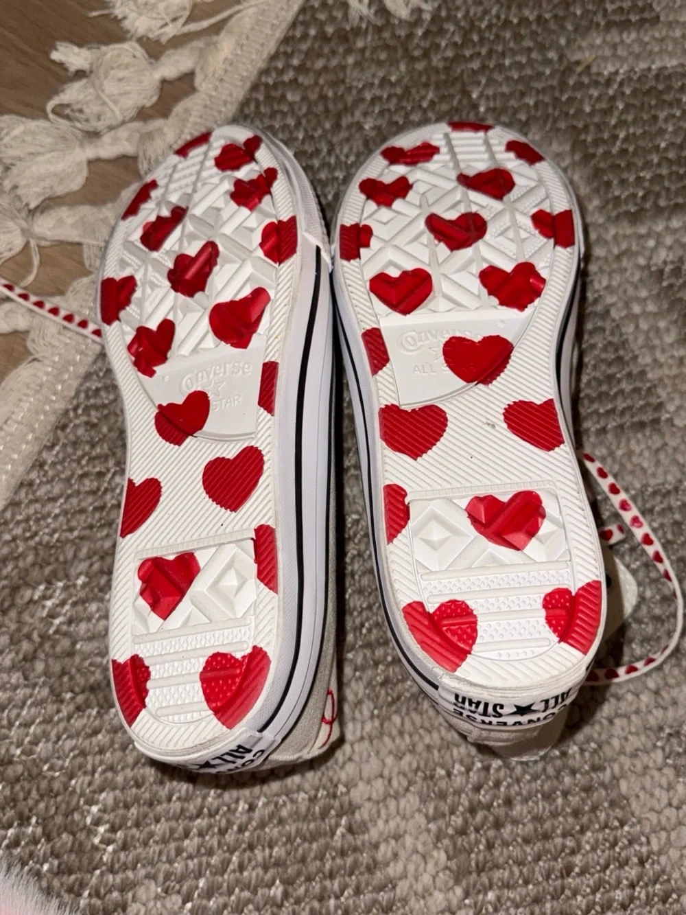 Converse High-Top Sneakers in Off-White with Red Heart Laces